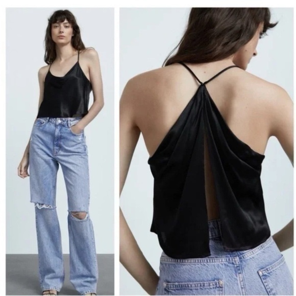 Zara Black Silk Cami With Open Back Size Medium NWT